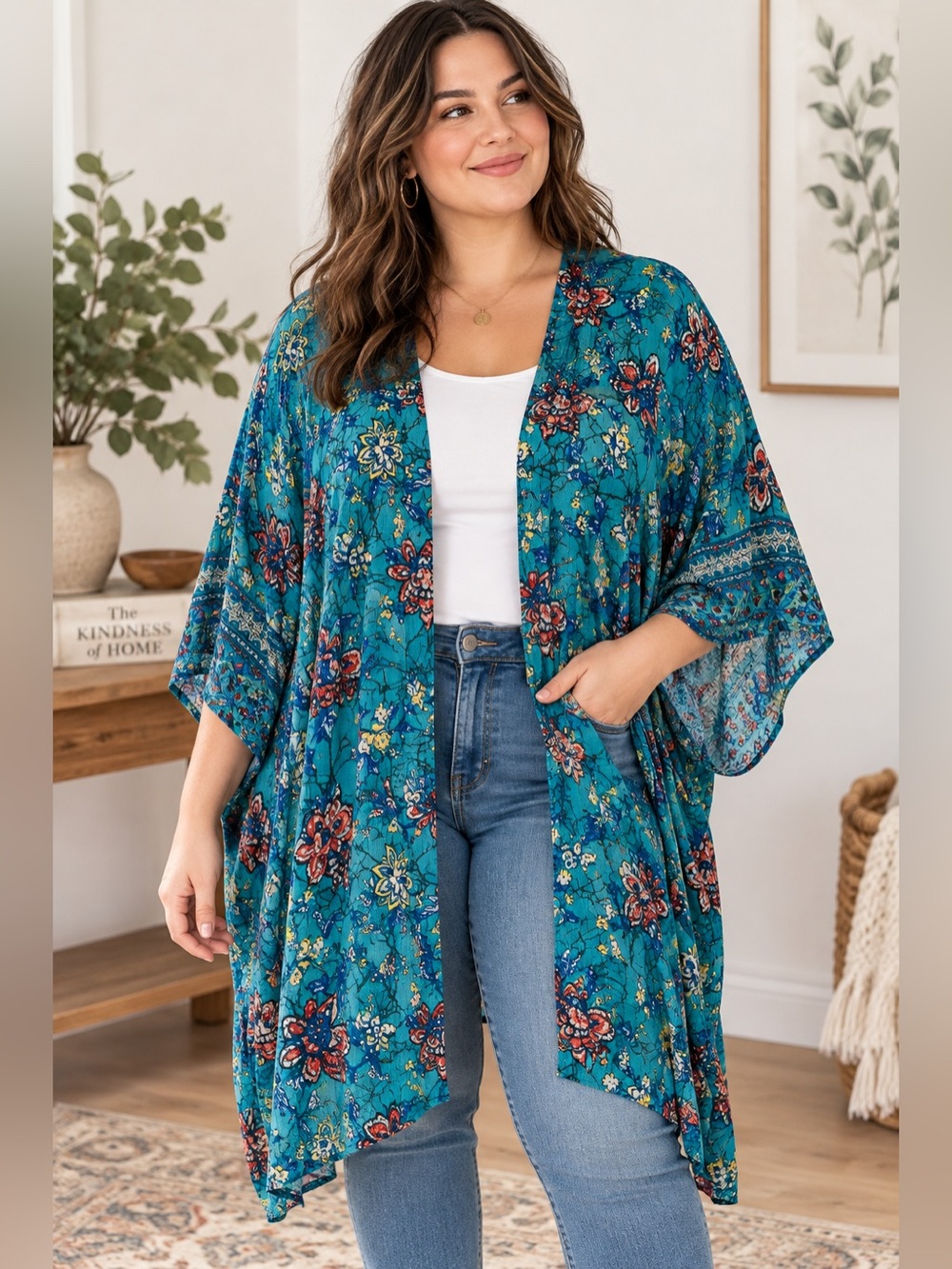 Maurices 3X Teal Floral Rayon Kimono Boho Open Front Duster